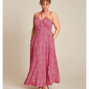 11 Honore Halter Maxi Dress Size 2X Pink Polka Dot Open Back Summer Casual Chic